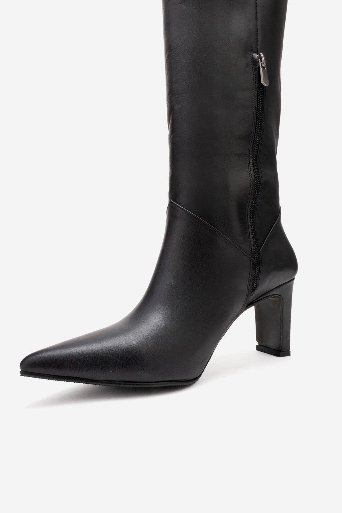 MERLA - Black Genuine Leather Block Heel Boot – pair view showing leather, black, Vowalisse