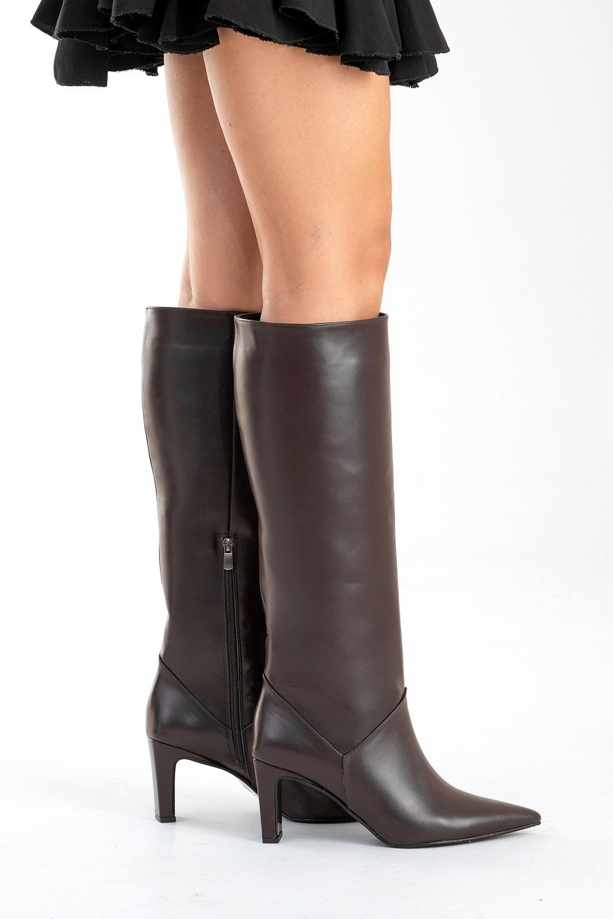 MERLA - Brown Genuine Leather Block Heel Boot – back view showing leather, Vowalisse
