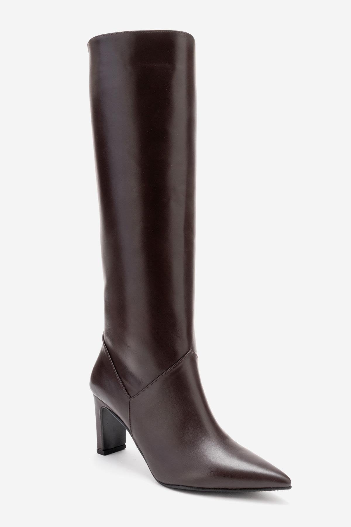 MERLA - Brown Genuine Leather Block Heel Boot – sole view showing leather, Vowalisse