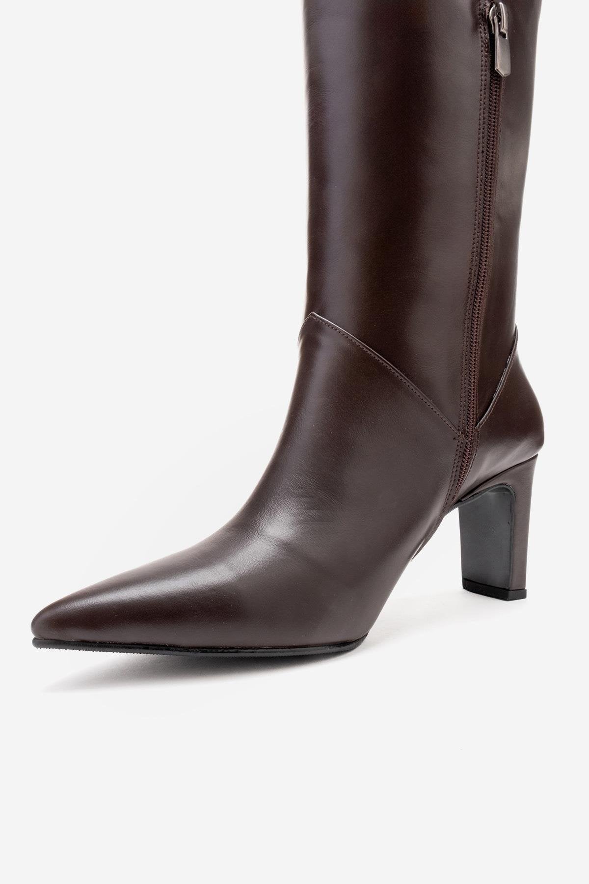 MERLA - Brown Genuine Leather Block Heel Boot – pair view showing leather, Vowalisse