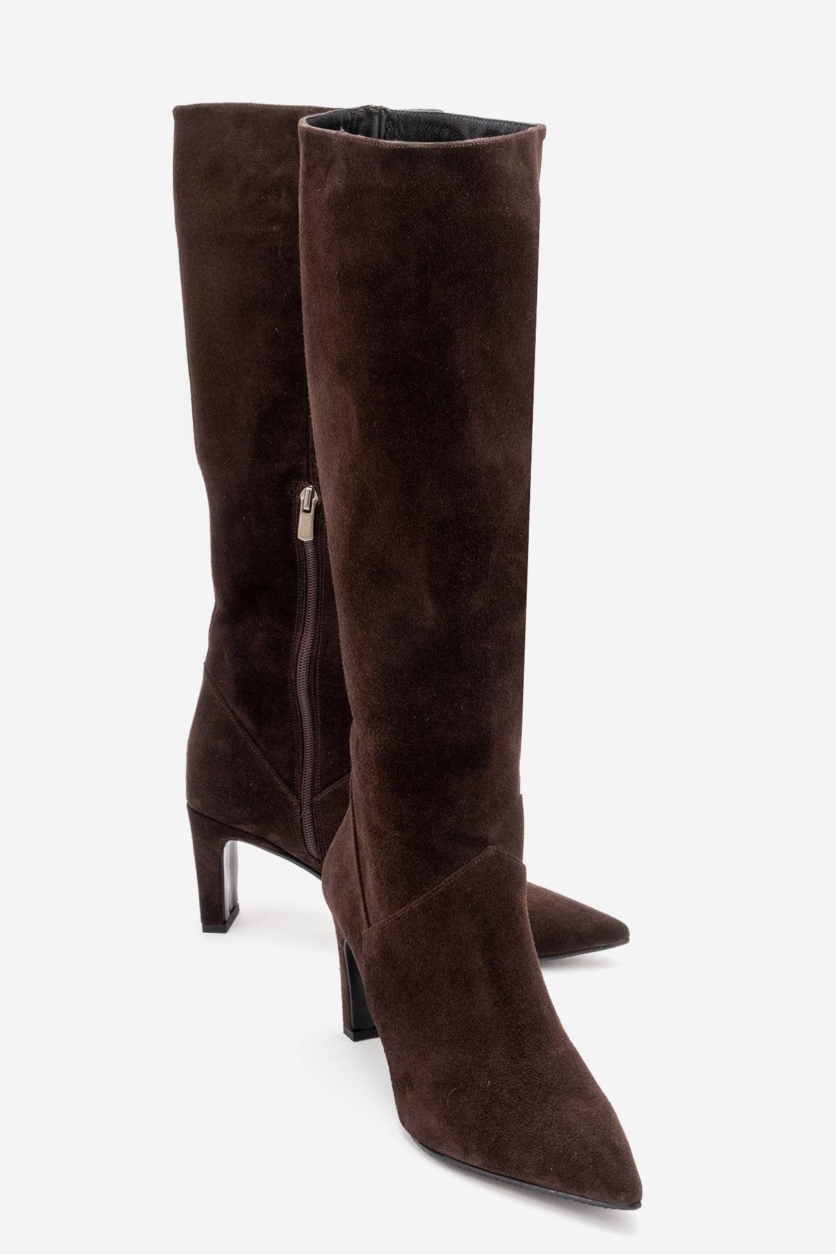 MERLA - Brown Suede Genuine Leather Block Heel Boot – front three-quarter view showing leather, suede, Vowalisse