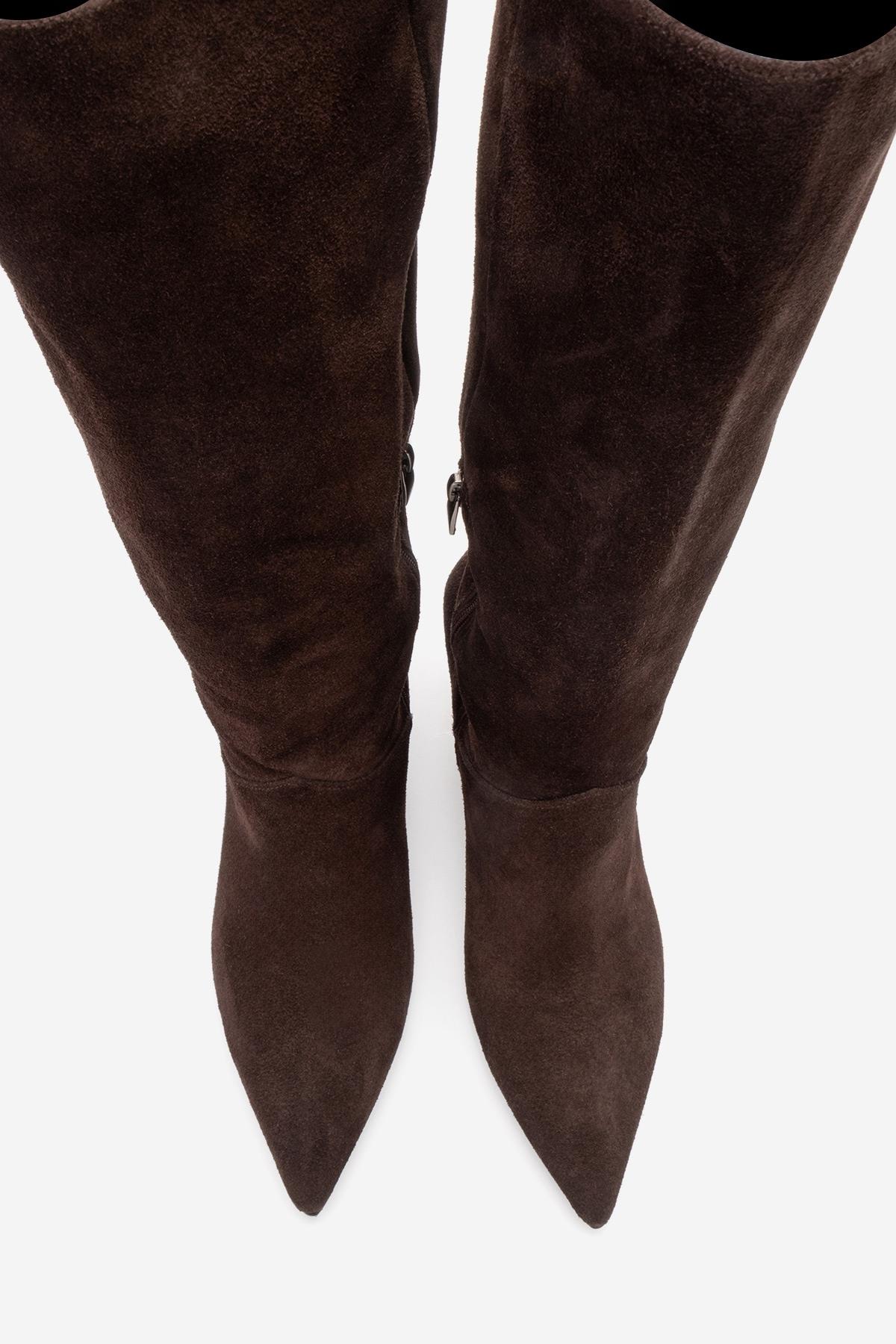 MERLA - Brown Suede Genuine Leather Block Heel Boot – side view showing leather, suede, Vowalisse