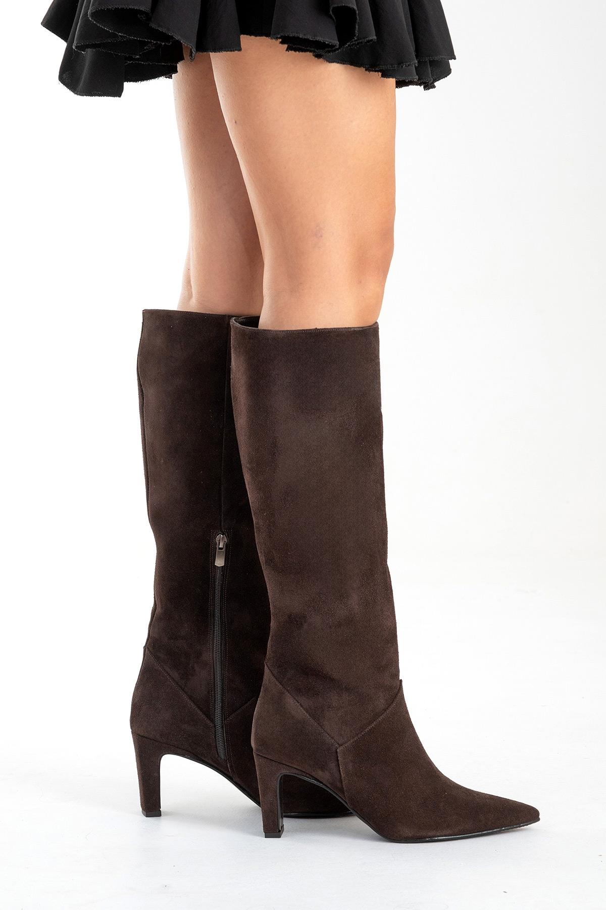 MERLA - Brown Suede Genuine Leather Block Heel Boot – back view showing leather, suede, Vowalisse