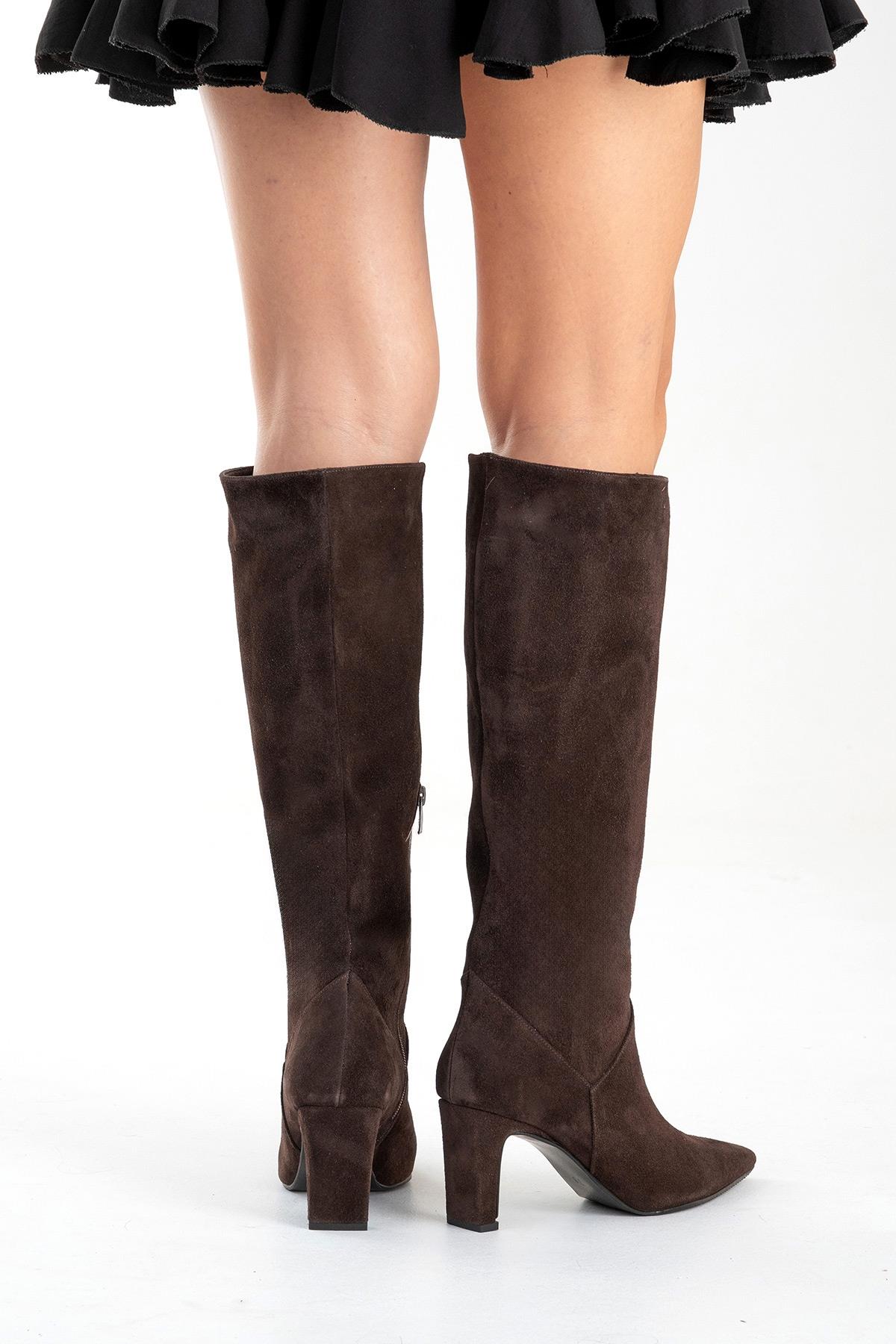 MERLA - Brown Suede Genuine Leather Block Heel Boot – top view showing leather, suede, Vowalisse