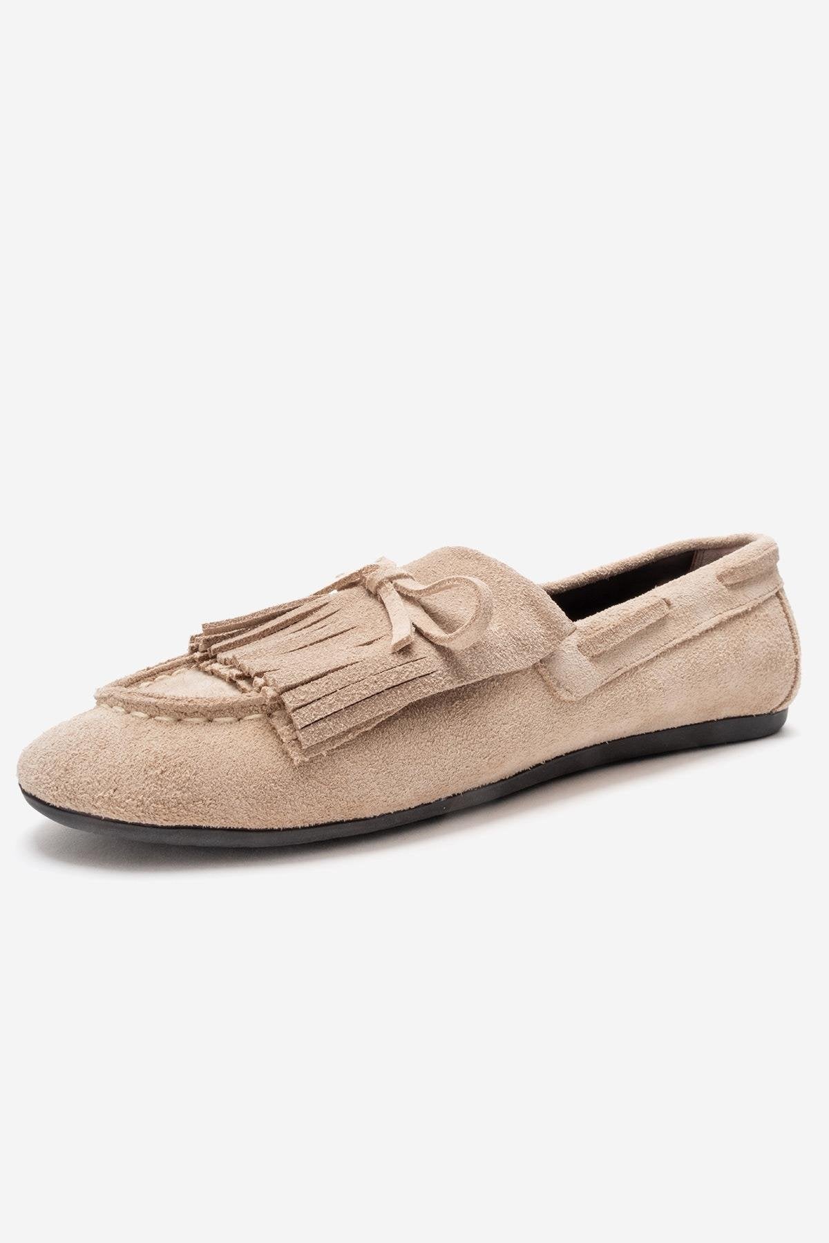 AXELI - Beige Genuine Leather Loafer – side view showing bow, leather, suede, Vowalisse
