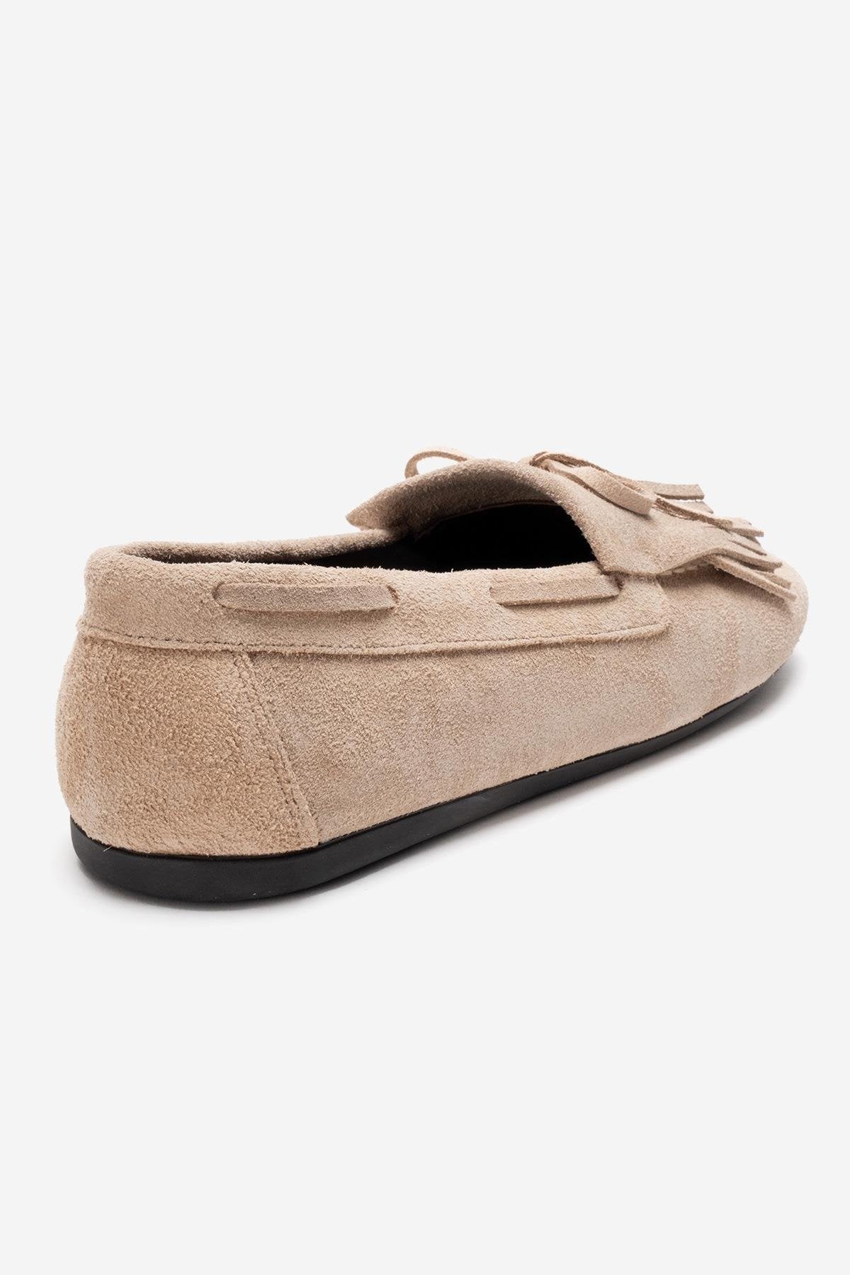 AXELI - Beige Genuine Leather Loafer – heel view showing bow, leather, suede, Vowalisse