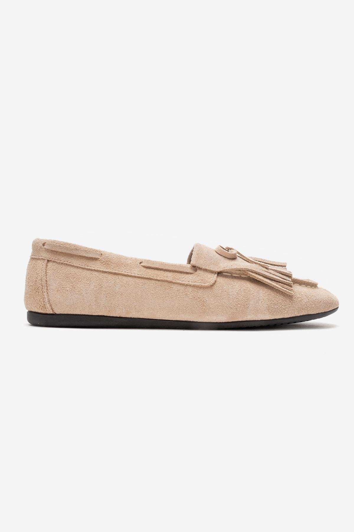 AXELI - Beige Genuine Leather Loafer – back view showing bow, leather, suede, Vowalisse