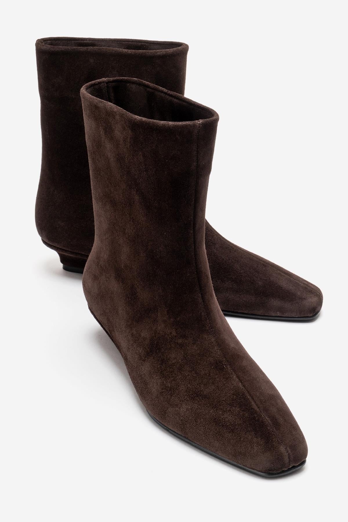 NACHO - Brown Genuine Leather Minimal Block Heel Ankle Boot – front three-quarter view showing leather, suede, Vowalisse
