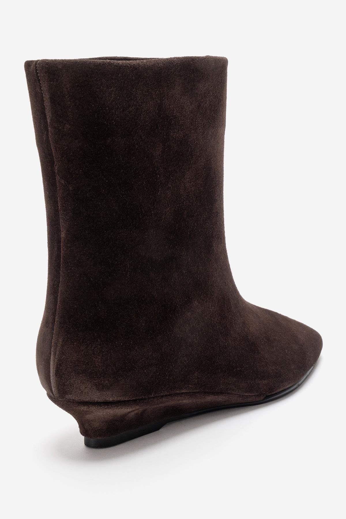 NACHO - Brown Genuine Leather Minimal Block Heel Ankle Boot – heel view showing leather, suede, Vowalisse