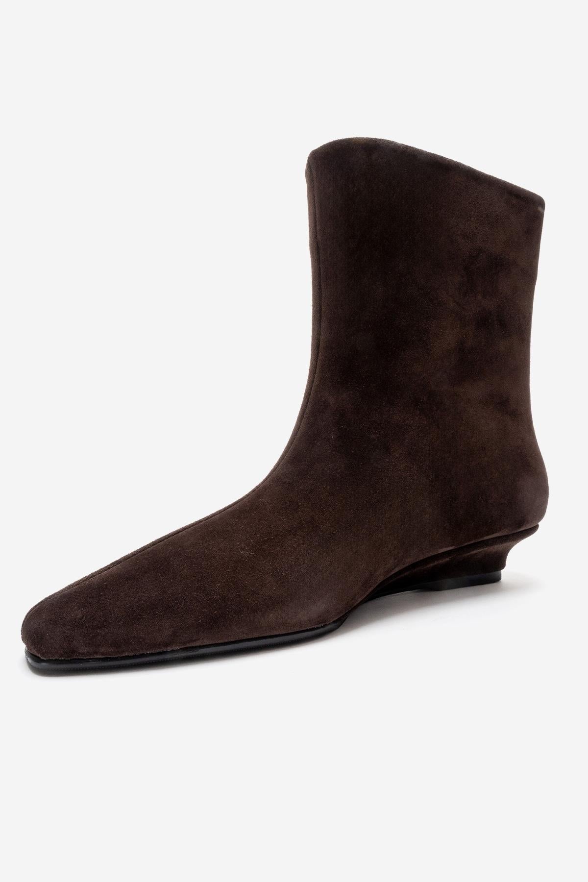 NACHO - Brown Genuine Leather Minimal Block Heel Ankle Boot – top view showing leather, suede, Vowalisse