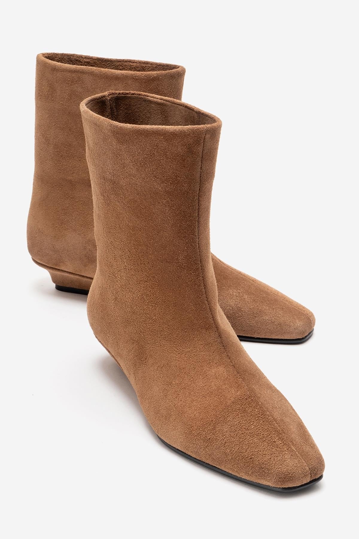 NACHO - Taupe Genuine Leather Minimal Block Heel Ankle Boot – front three-quarter view showing leather, suede, Vowalisse