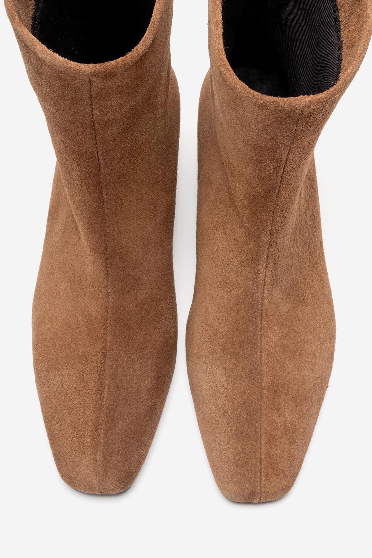 NACHO - Taupe Genuine Leather Minimal Block Heel Ankle Boot – side view showing leather, suede, Vowalisse