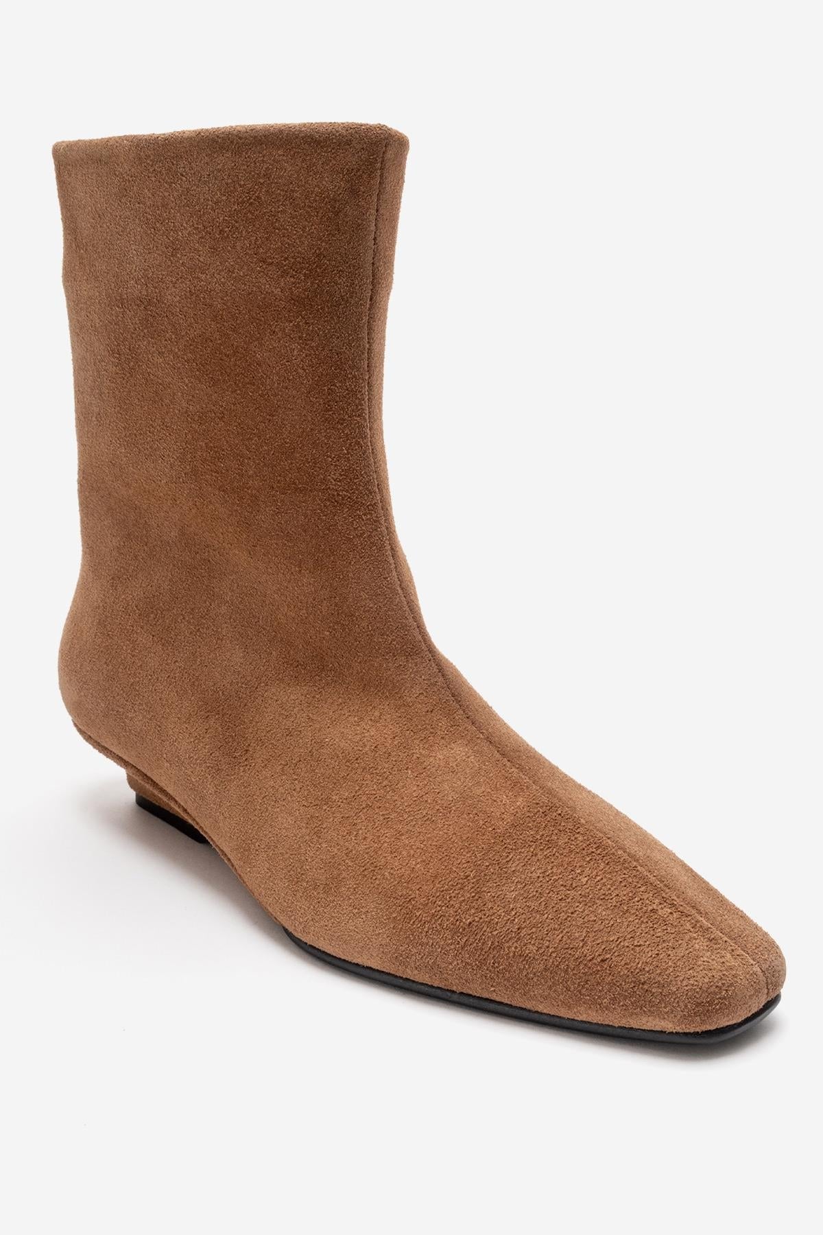 NACHO - Taupe Genuine Leather Minimal Block Heel Ankle Boot – back view showing leather, suede, Vowalisse