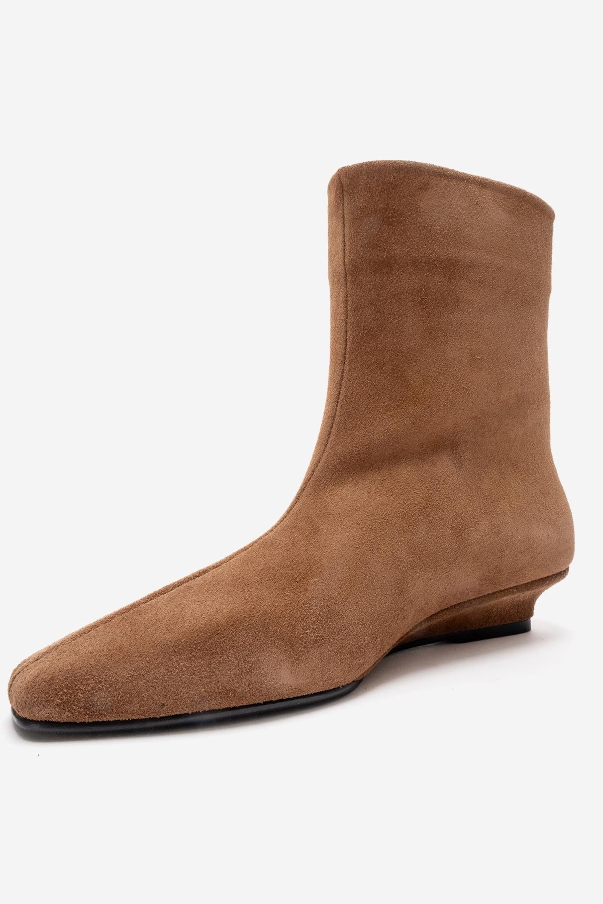 NACHO - Taupe Genuine Leather Minimal Block Heel Ankle Boot – top view showing leather, suede, Vowalisse