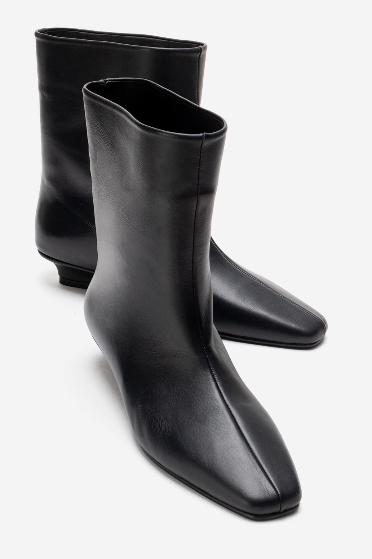 NACHO - Black Genuine Leather Minimal Block Heel Ankle Boot – front three-quarter view showing leather, black, Vowalisse
