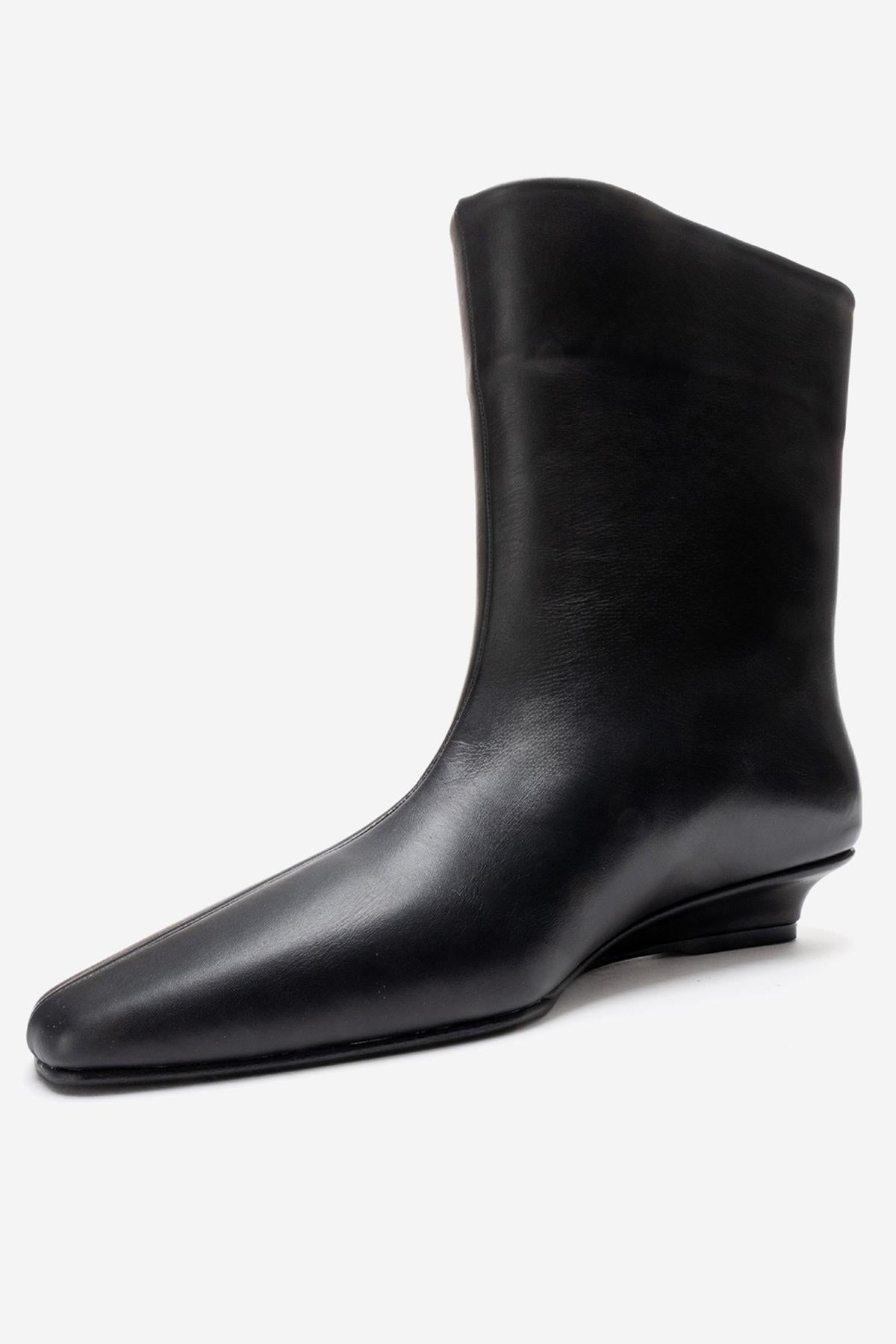 NACHO - Black Genuine Leather Minimal Block Heel Ankle Boot – top view showing leather, black, Vowalisse