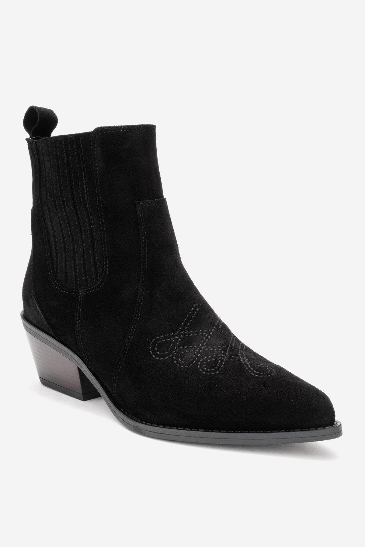 Julieta - Black Genuine Leather Western Boot – detail view showing leather, suede, black, Vowalisse