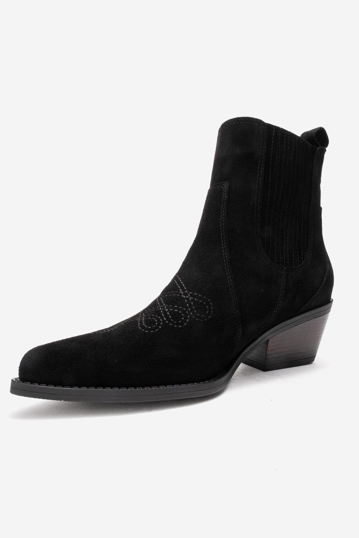 Julieta - Black Genuine Leather Western Boot – heel view showing leather, suede, black, Vowalisse