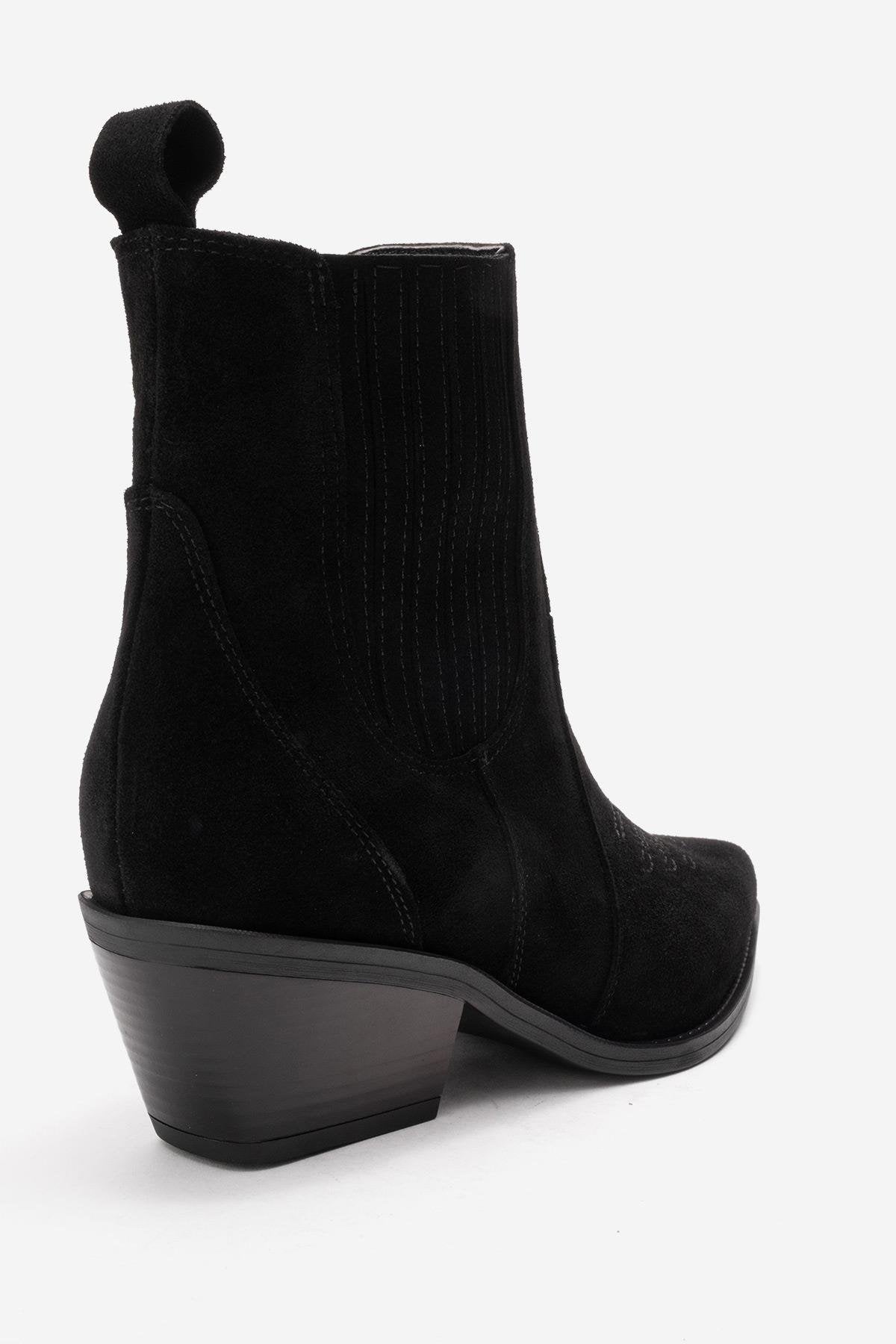 Julieta - Black Genuine Leather Western Boot – back view showing leather, suede, black, Vowalisse