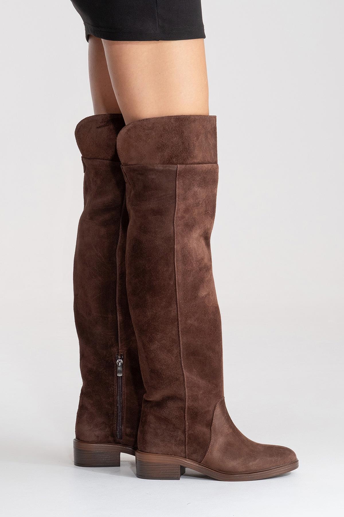 PETYA - Brown Suede Genuine Leather Over-The-Knee Boot – side view showing leather, suede, Vowalisse