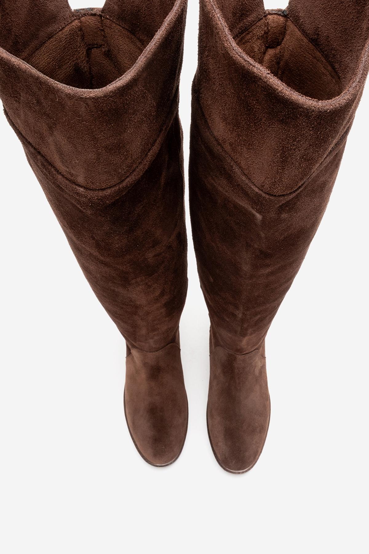 PETYA - Brown Suede Genuine Leather Over-The-Knee Boot – heel view showing leather, suede, Vowalisse
