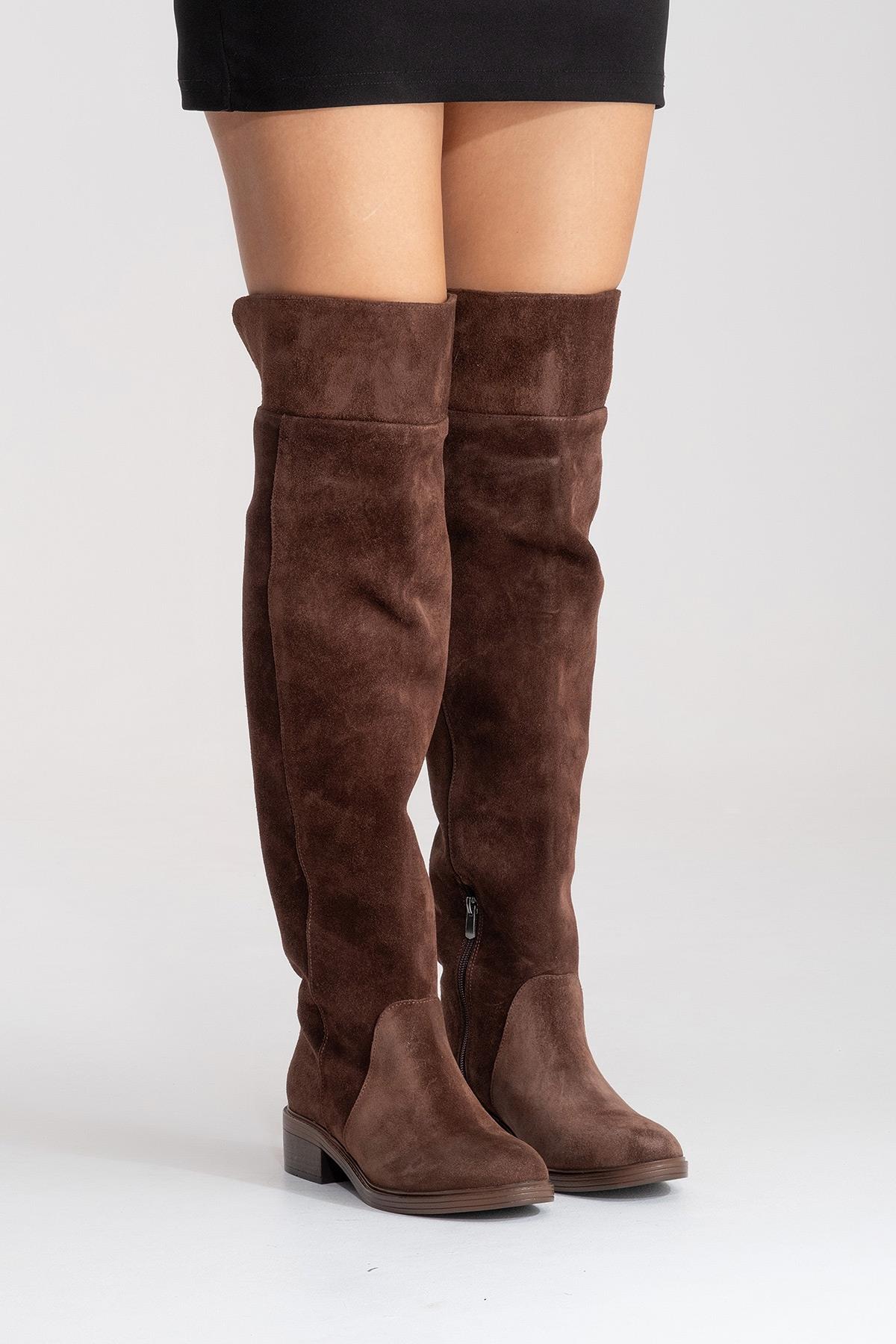 PETYA - Brown Suede Genuine Leather Over-The-Knee Boot – top view showing leather, suede, Vowalisse