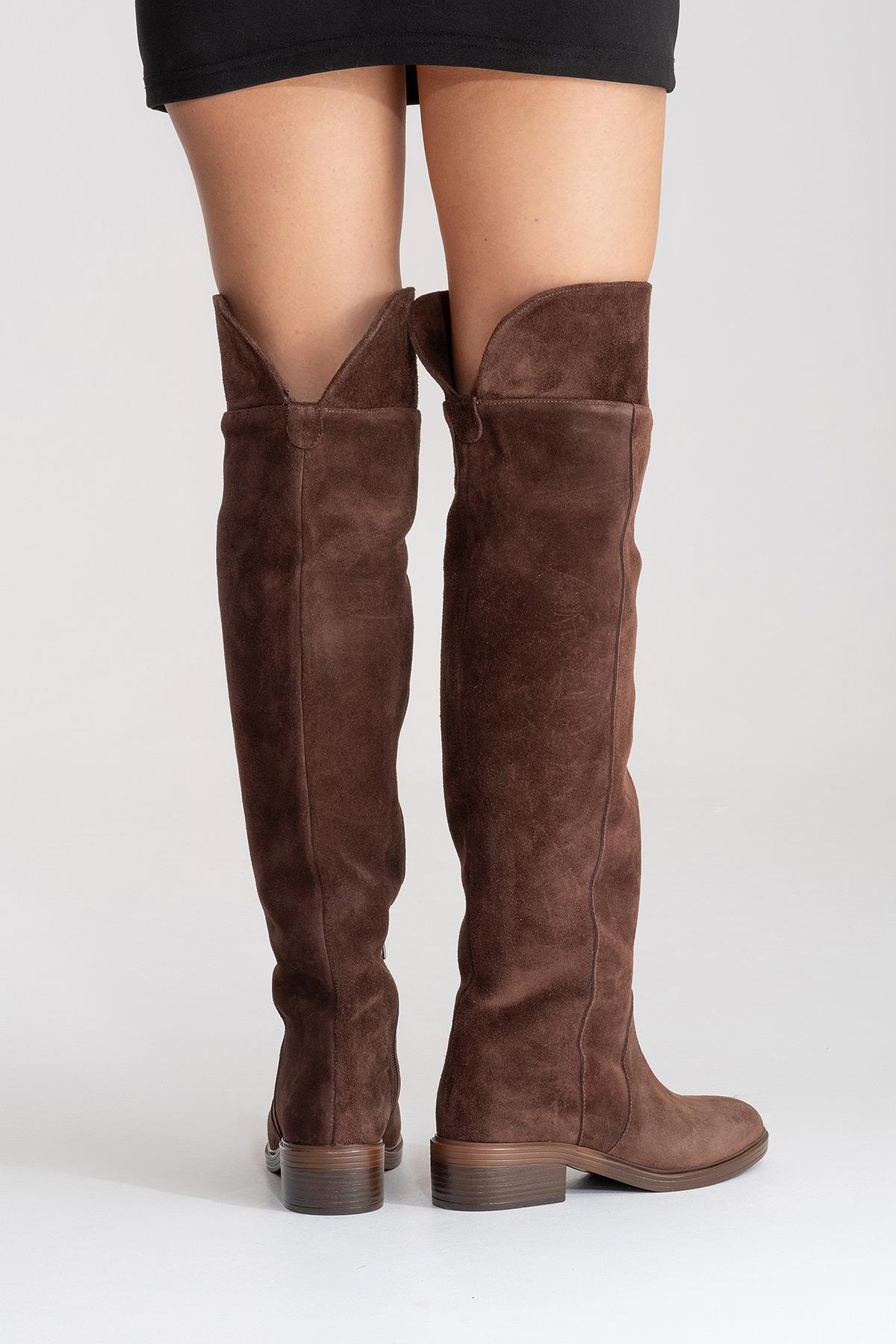 PETYA - Brown Suede Genuine Leather Over-The-Knee Boot – sole view showing leather, suede, Vowalisse