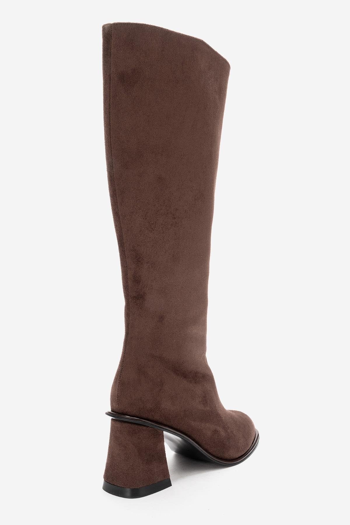 PARADIS - Brown Block Heel Boot – product view 9 showing suede, red, Vowalisse
