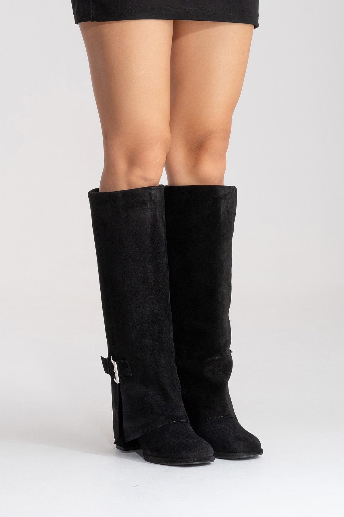 LOJO - Black Genuine Leather Block Heel Boot – side view showing leather, suede, black, Vowalisse