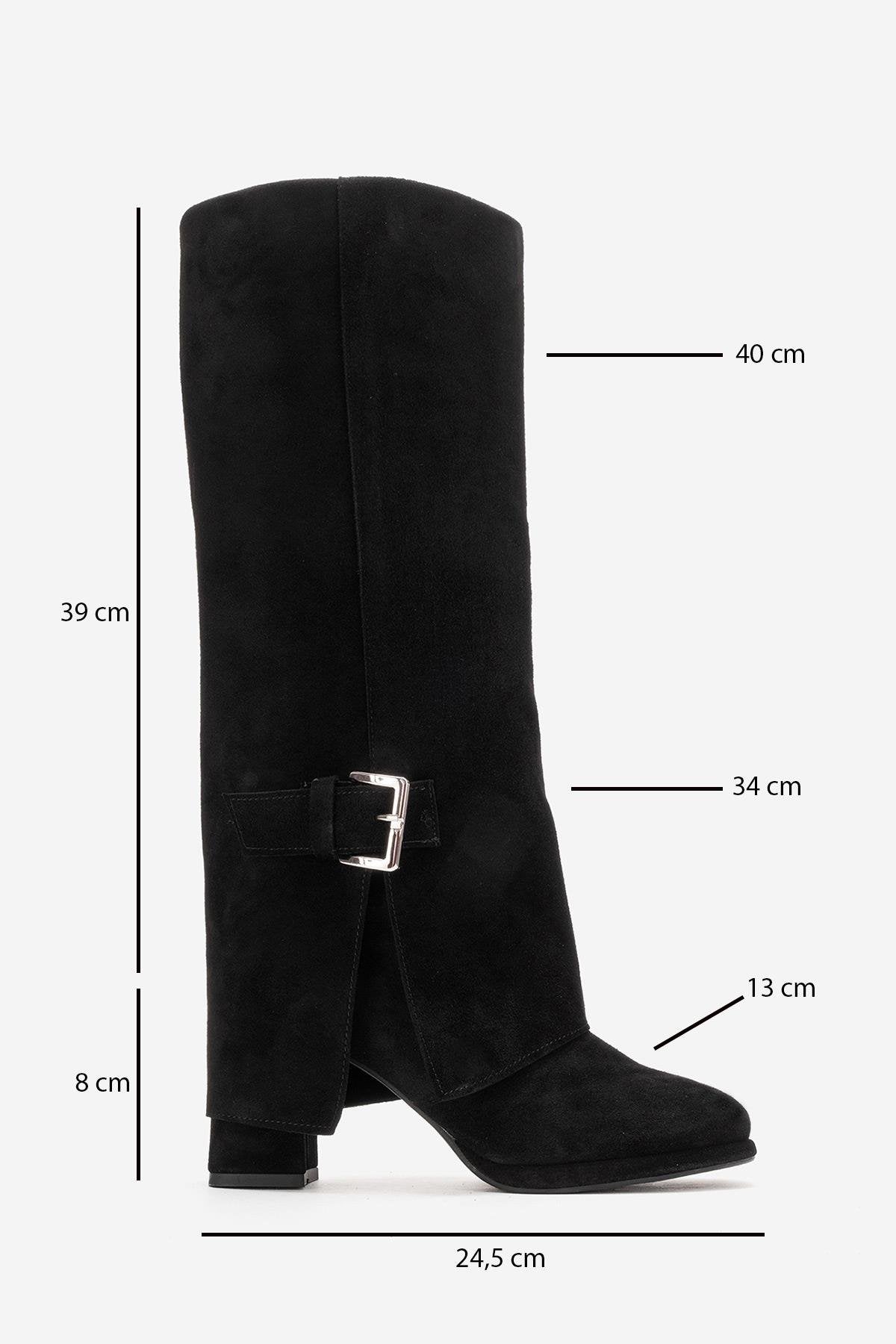 LOJO - Black Genuine Leather Block Heel Boot – detail view showing leather, suede, black, Vowalisse