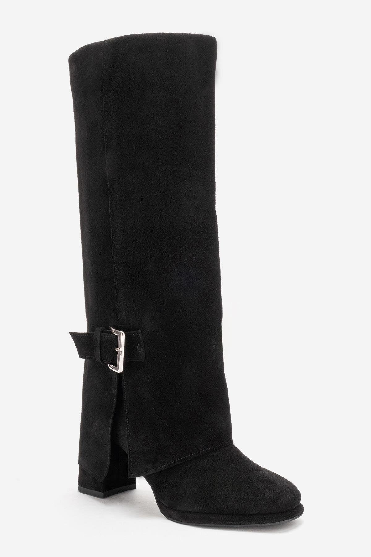 LOJO - Black Genuine Leather Block Heel Boot – back view showing leather, suede, black, Vowalisse