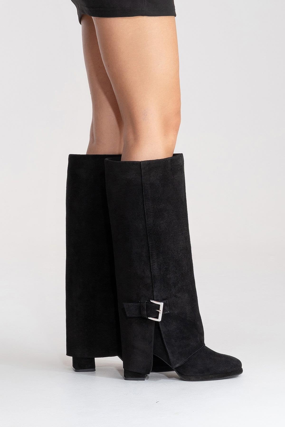 LOJO - Black Genuine Leather Block Heel Boot – top view showing leather, suede, black, Vowalisse