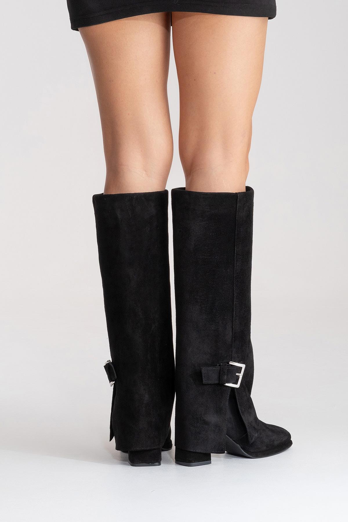 LOJO - Black Genuine Leather Block Heel Boot – sole view showing leather, suede, black, Vowalisse