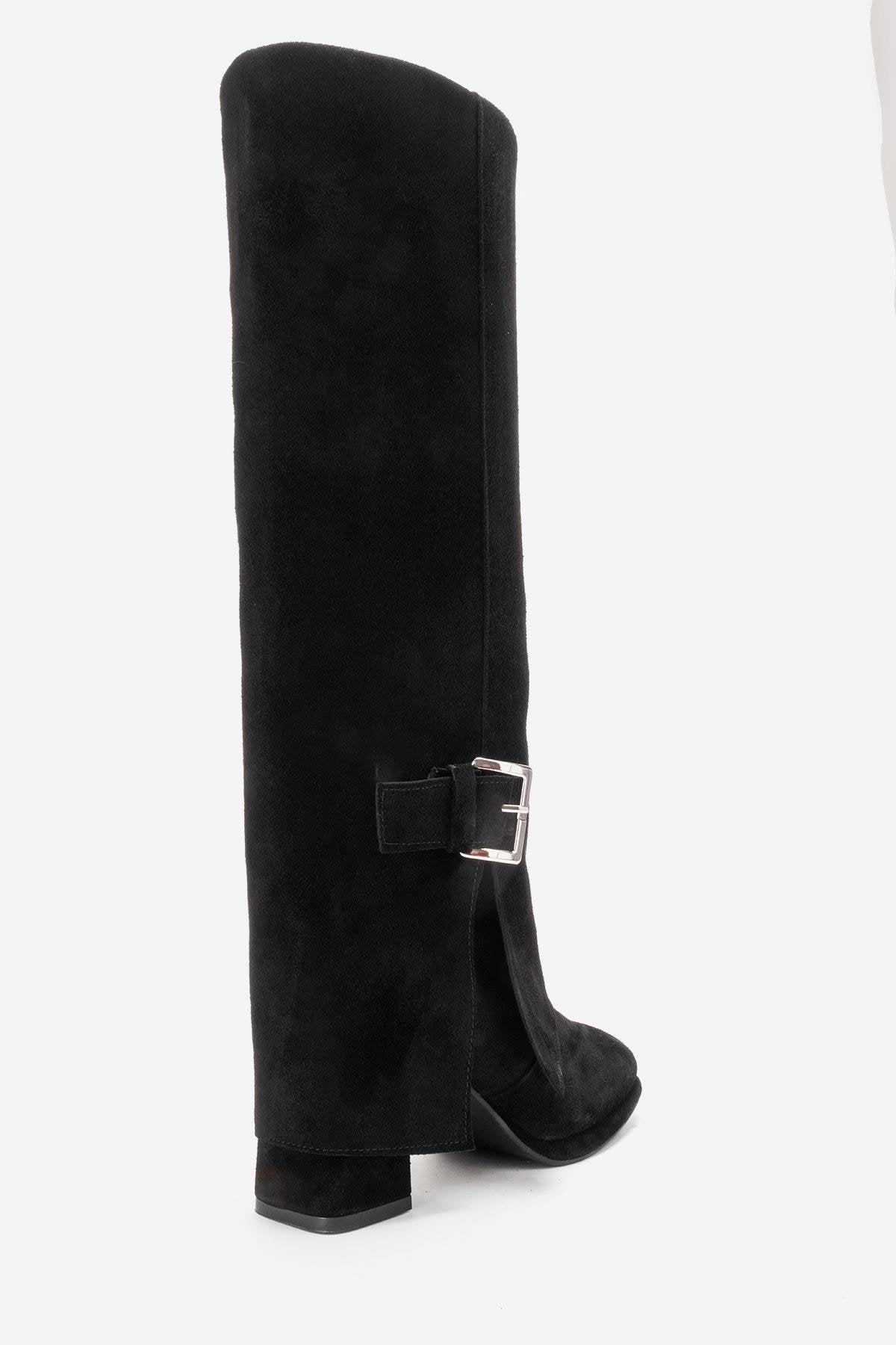 LOJO - Black Genuine Leather Block Heel Boot – pair view showing leather, suede, black, Vowalisse
