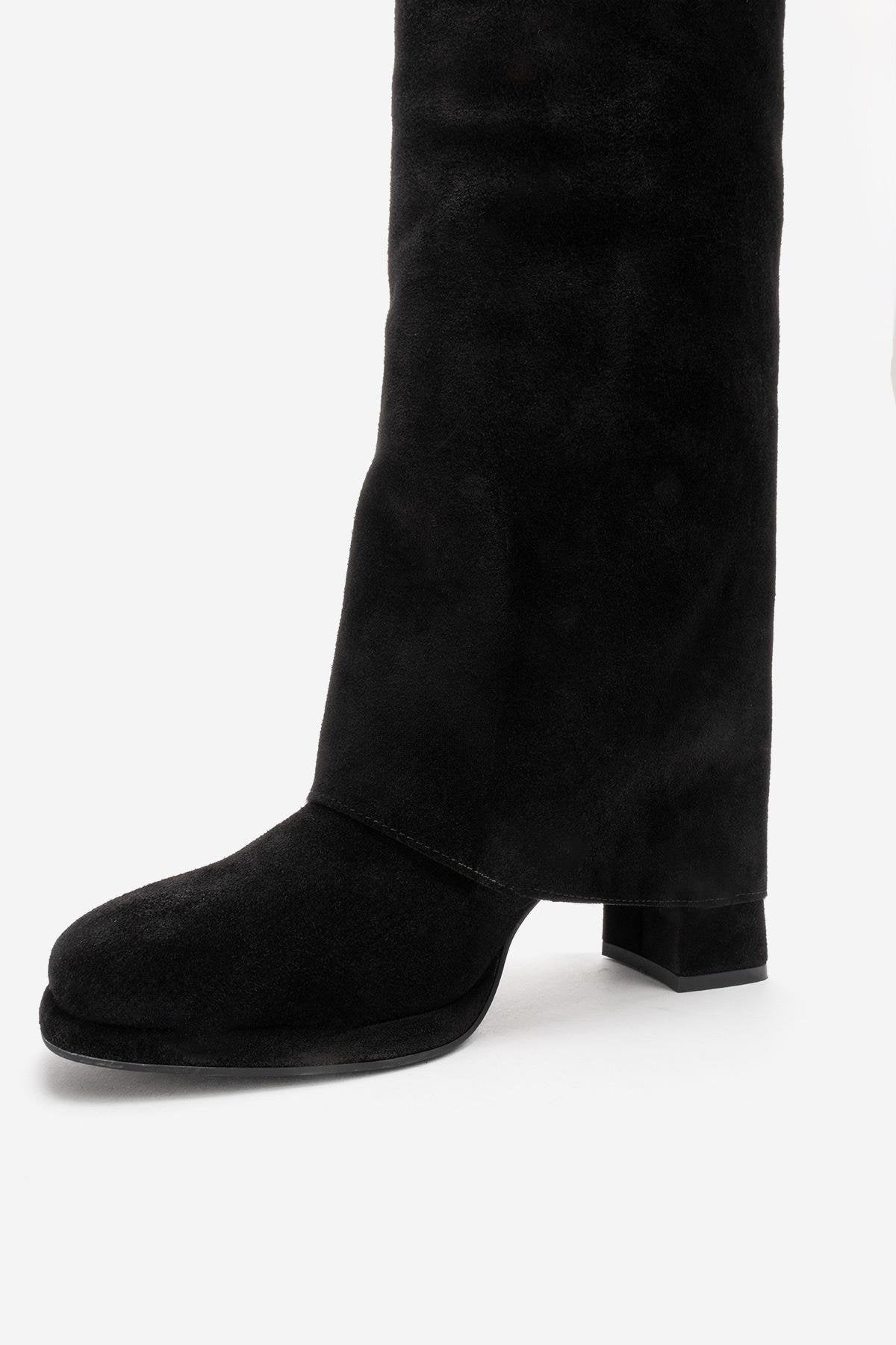 LOJO - Black Genuine Leather Block Heel Boot – product view 9 showing leather, suede, black, Vowalisse