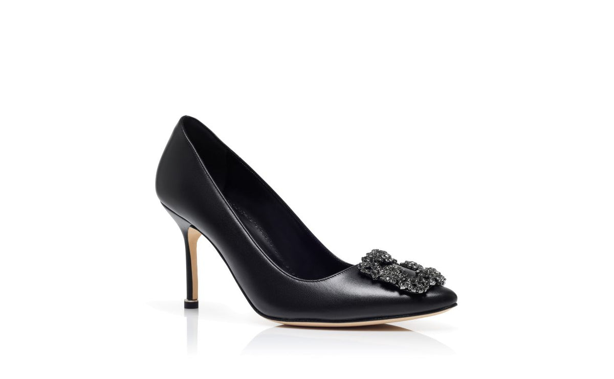 Delphine Muse Black Jewel Buckle Pumps – top view showing black jewel buckle, crystal buckle, almond toe, Vowalisse