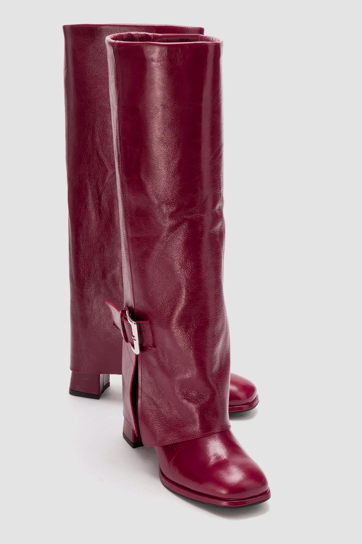 LOJO - Burgundy Genuine Leather Block Heel Boot – front three-quarter view showing leather, Vowalisse