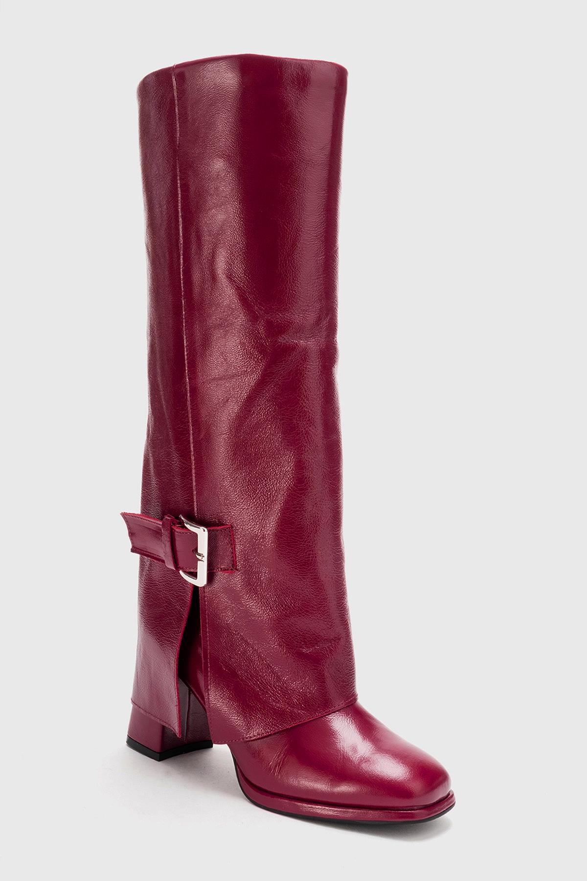 LOJO - Burgundy Genuine Leather Block Heel Boot – heel view showing leather, Vowalisse