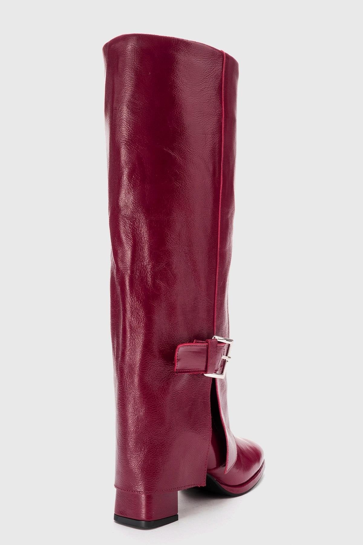 LOJO - Burgundy Genuine Leather Block Heel Boot – back view showing leather, Vowalisse