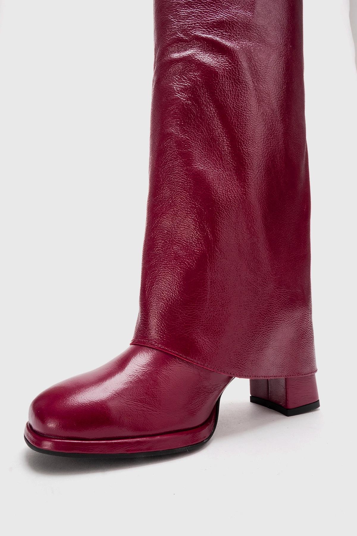 LOJO - Burgundy Genuine Leather Block Heel Boot – top view showing leather, Vowalisse
