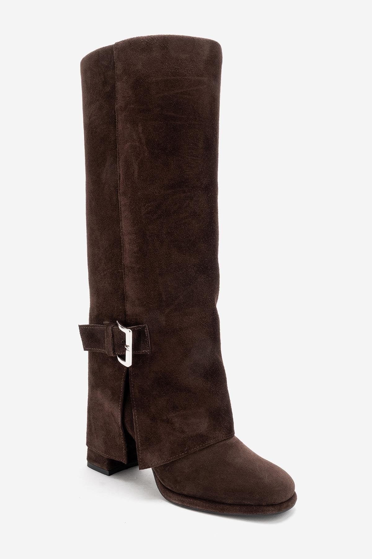 LOJO - Brown Genuine Leather Block Heel Boot – back view showing leather, suede, Vowalisse