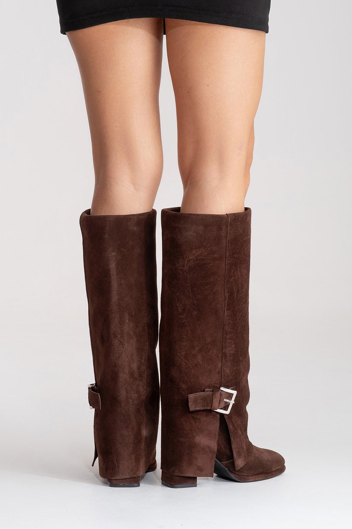 LOJO - Brown Genuine Leather Block Heel Boot – sole view showing leather, suede, Vowalisse