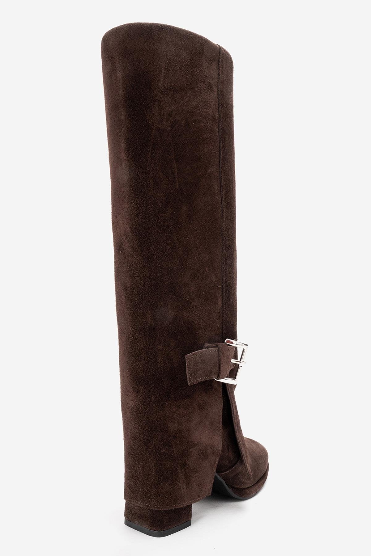 LOJO - Brown Genuine Leather Block Heel Boot – pair view showing leather, suede, Vowalisse
