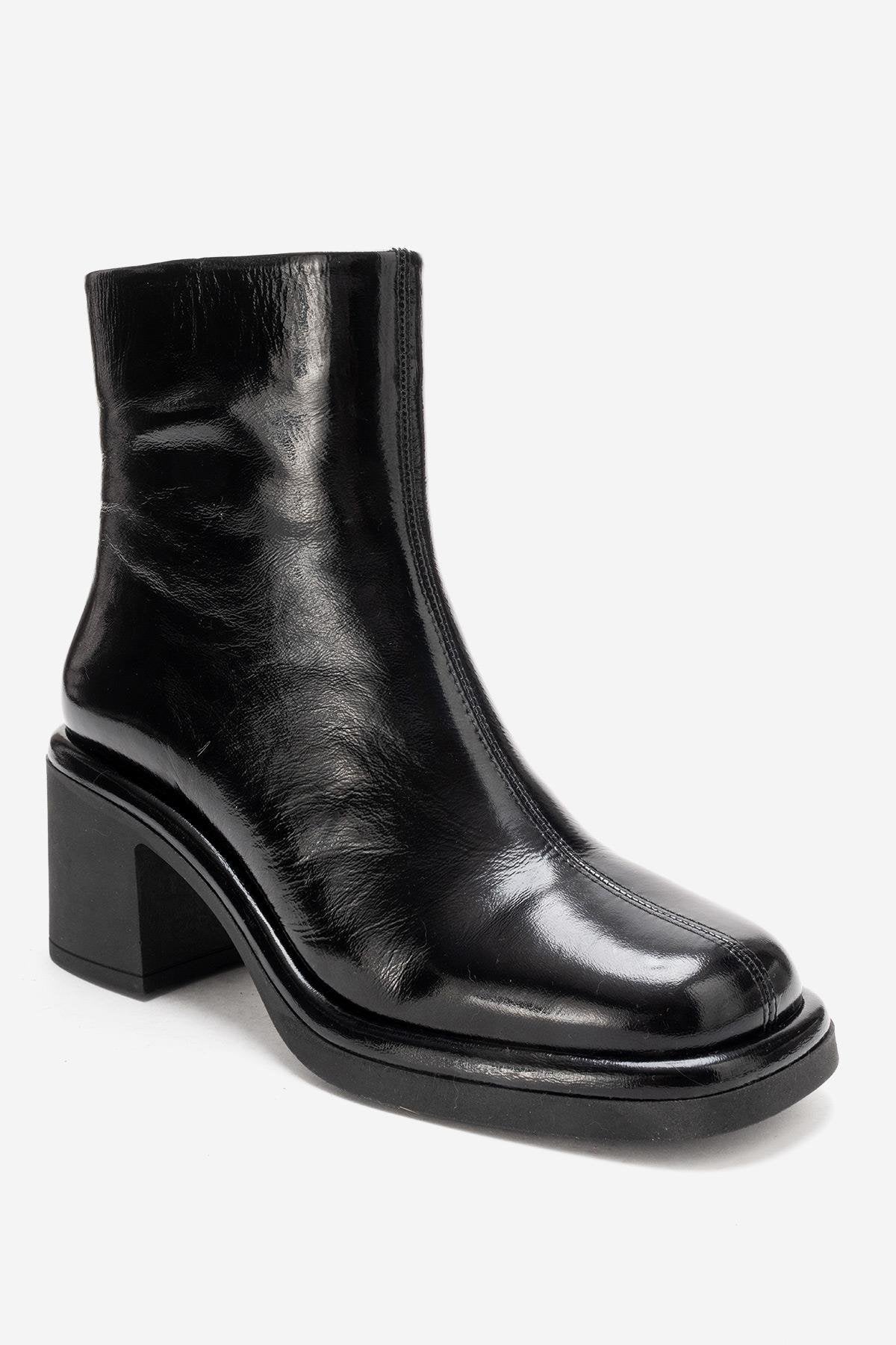 JUNAE - Black Genuine Leather Block Heel Boot – back view showing leather, black, Vowalisse