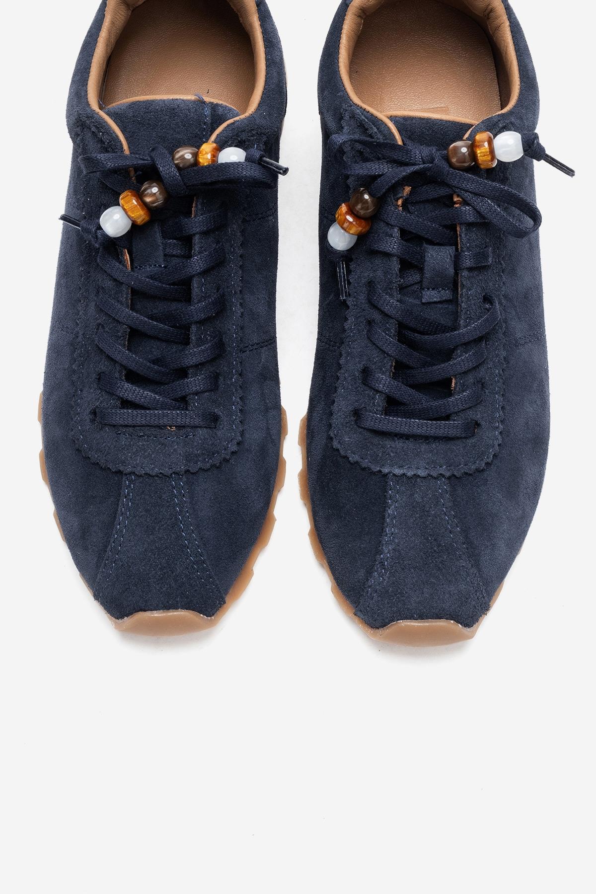 BREA - Navy Genuine Suede Leather Sneaker – side view showing leather, suede, Vowalisse