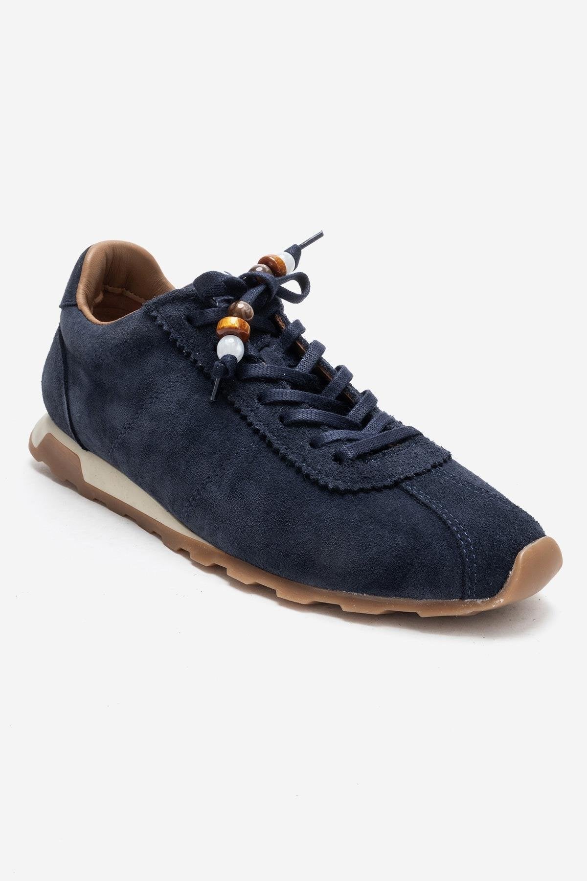 BREA - Navy Genuine Suede Leather Sneaker – detail view showing leather, suede, Vowalisse
