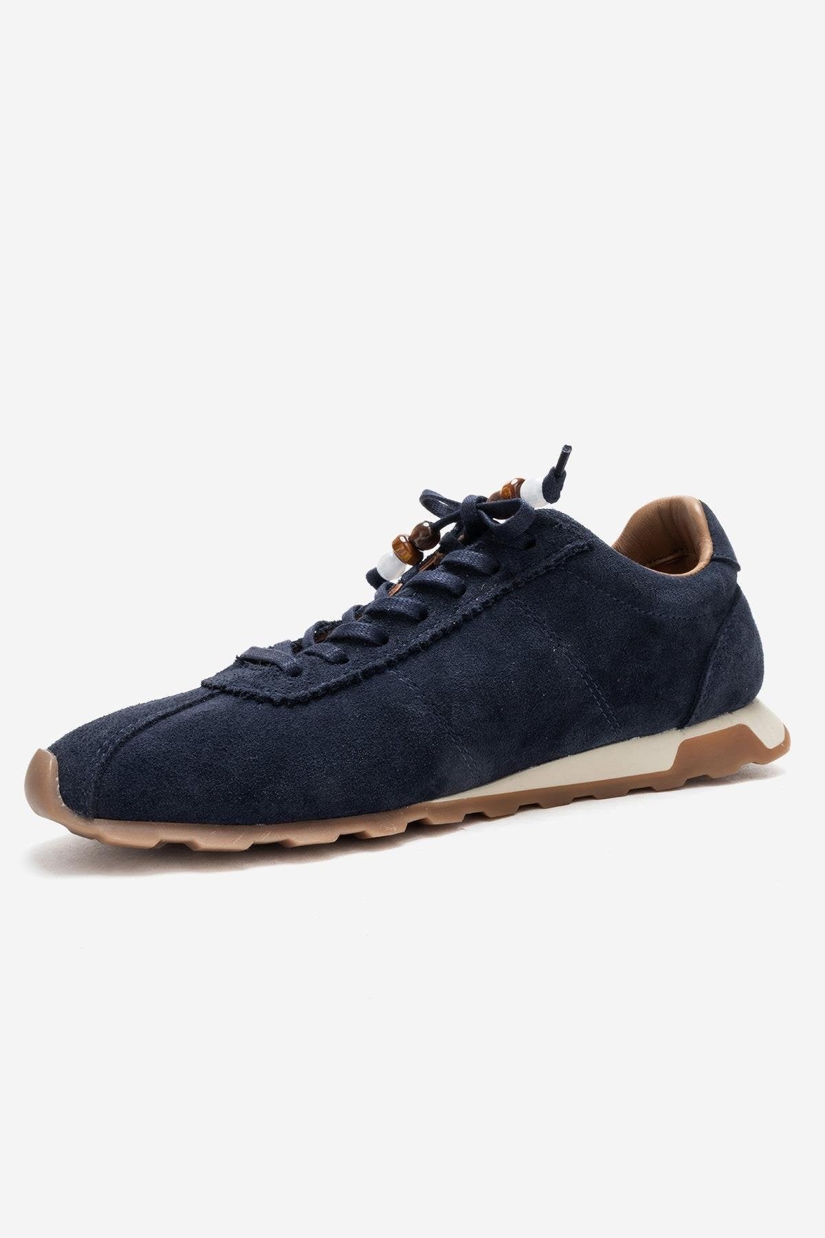 BREA - Navy Genuine Suede Leather Sneaker – heel view showing leather, suede, Vowalisse