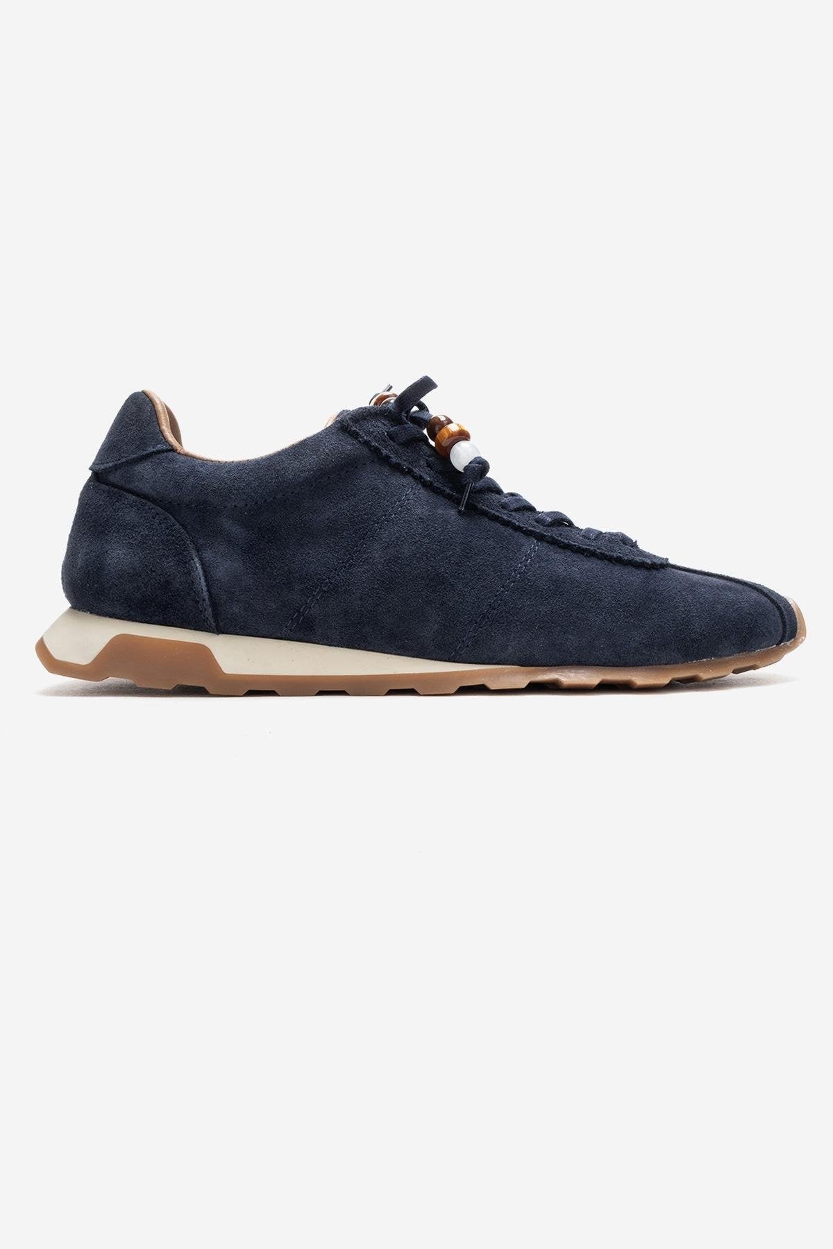 BREA - Navy Genuine Suede Leather Sneaker – top view showing leather, suede, Vowalisse