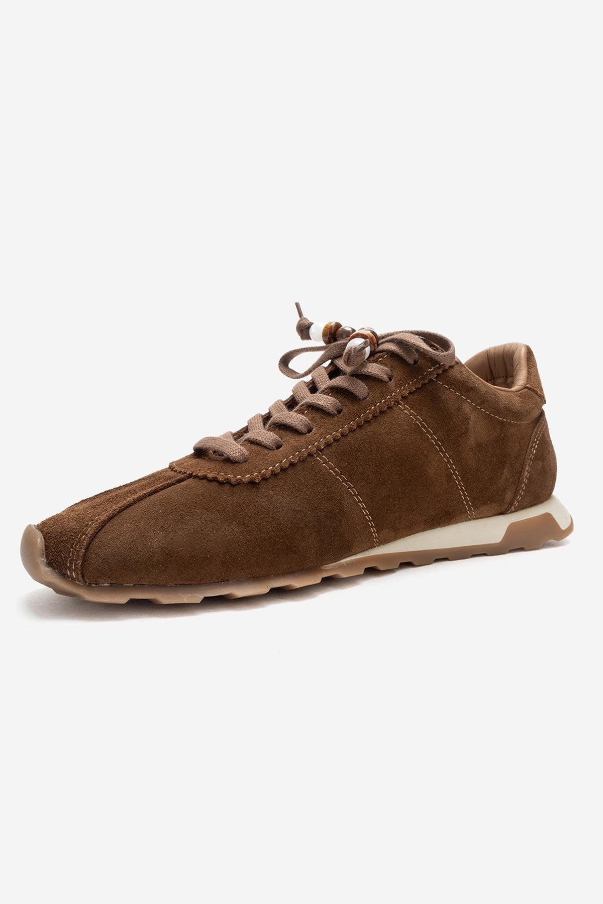 BREA - Camel Genuine Suede Leather Sneaker – heel view showing leather, suede, Vowalisse
