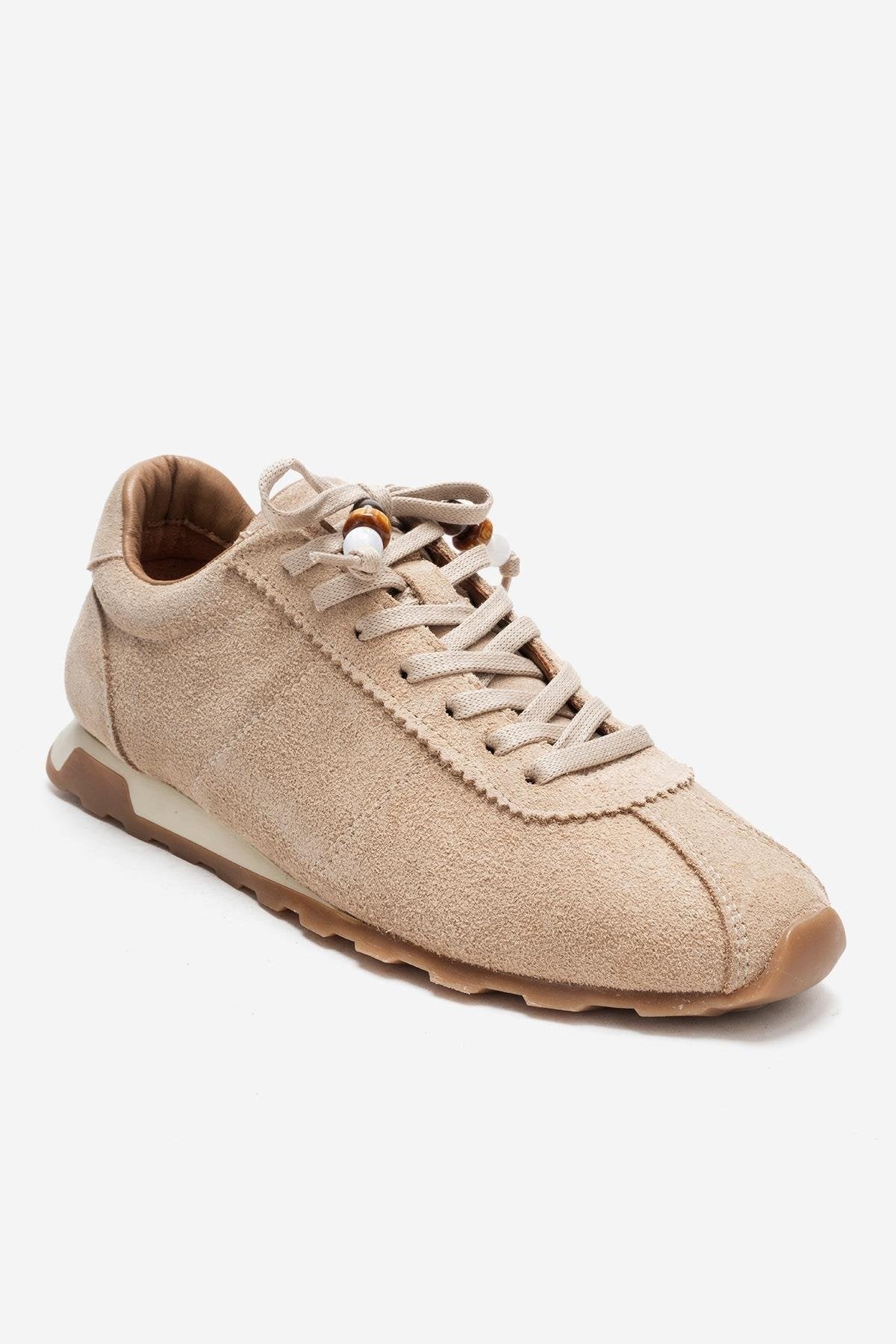 BREA - Beige Genuine Suede Leather Sneaker – detail view showing leather, suede, Vowalisse